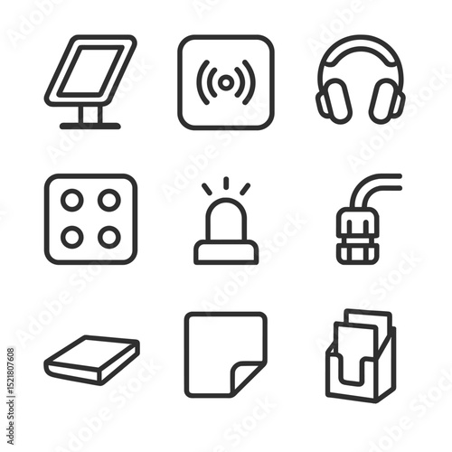 Interactive Demo Stand Icons. Outline icon set of interactive demo stand: tablet kiosk, RFID reader pad, headphone hook, button