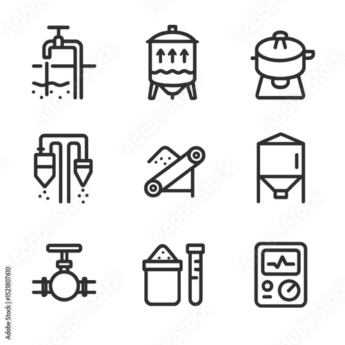 Industrial Salt Icon Set. Outline icon set of industrial salt production: brine well, evaporator tank, centrifuge, filtration unit