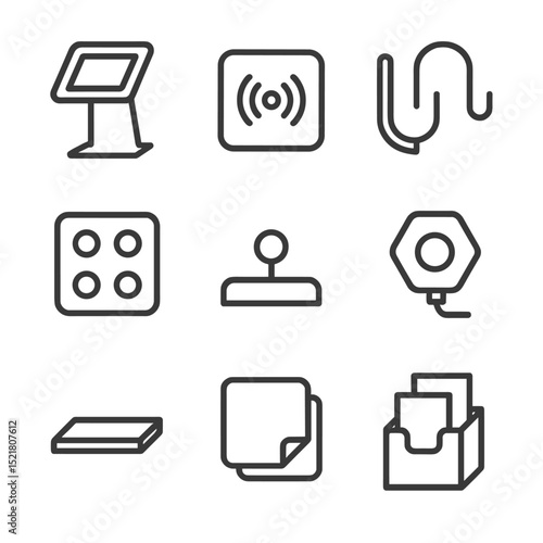 Interactive Demo Stand Icons. Outline icon set of interactive demo stand: tablet kiosk, RFID reader pad, headphone hook, button