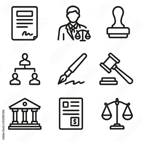 Inheritance Process Icons. Outline icon set of inheritance legal process: will document, lawyer scales, notary stamp, family tree