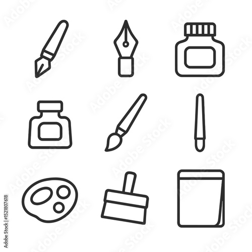 Ink Illustration Icons. Outline icon set of ink illustration tools: fountain pen, dip nib, ink bottle, inkwell, brush, pen holder,