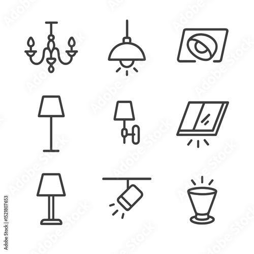 Interior Lighting Icons. Outline icon set of interior lighting for architectural photography: chandelier, pendant light, recessed