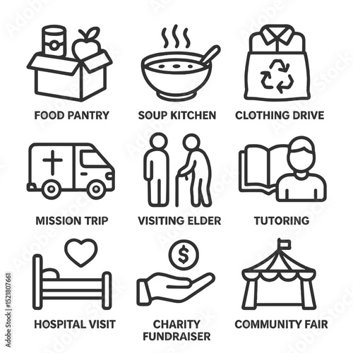 Community Outreach Icons. Outline icon set of community outreach: food pantry box, soup kitchen bowl, clothing drive bag, mission