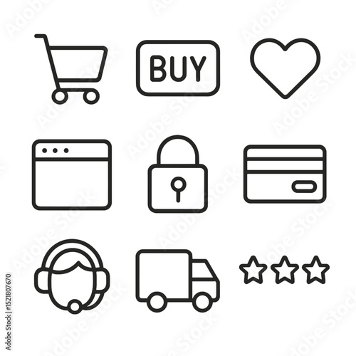 Online Shopping Icons. Outline icon set of online shopping deals: shopping cart, buy button, wishlist heart, browser window,