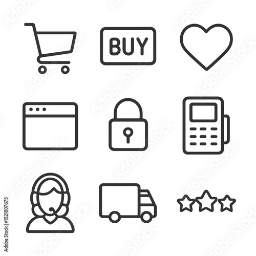 Online Shopping Icons. Outline icon set of online shopping deals: shopping cart, buy button, wishlist heart, browser window,