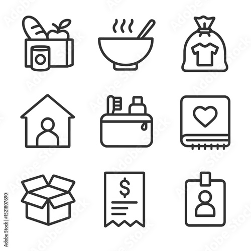 Community Service Icons. Outline icon set of community service types: food bank box, soup kitchen bowl, clothing drive bag,
