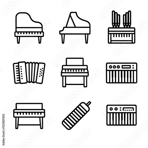 Keyboard Instruments Icons. Outline icon set of keyboard instruments: piano, harpsichord, organ, accordion, celesta, electric