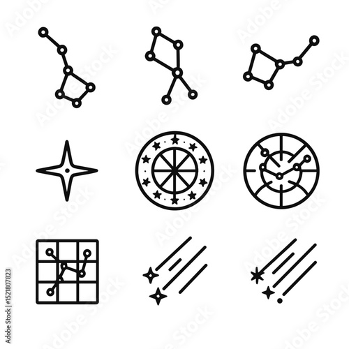 Constellation Icon Set. Outline icon set of constellation maps: big dipper, orion’s belt, cassiopeia, zodiac circle, connecting