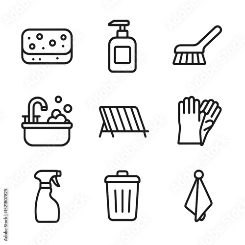 Kitchen Cleaning Icons. Outline icon set of kitchen cleaning scene: sponge, dish soap dispenser, scrub brush, sink basin with