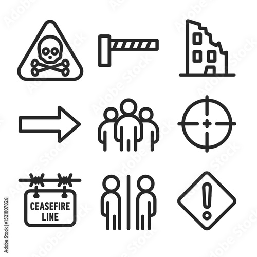 Conflict Zone Icons. Outline icon set of conflict-zone scenario signs: minefield warning, checkpoint barrier, damaged building