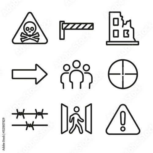 Conflict Zone Icons. Outline icon set of conflict-zone scenario signs: minefield warning, checkpoint barrier, damaged building
