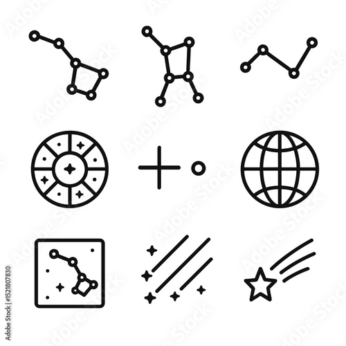 Constellation Icon Set. Outline icon set of constellation maps: big dipper, orion’s belt, cassiopeia, zodiac circle, connecting