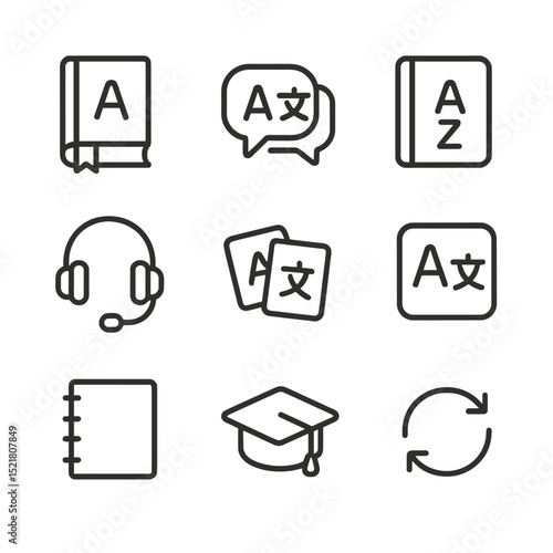 Language Learning Icons. Outline icon set of foreign language learning: textbook, speech bubble, dictionary, headset, flashcards,
