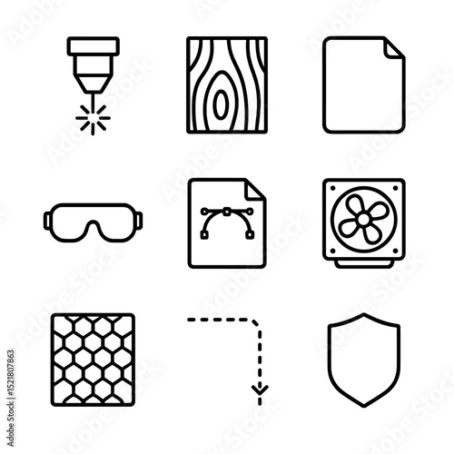 Laser Cutting Icons. Outline icon set of laser cutting activities: laser cutter head, wood sheet, acrylic panel, vector file,