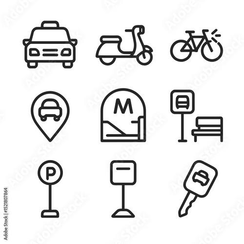 Late-Night Transport Icons. Outline icon set of late-night transport: taxi cab, scooter, bicycle with light, rideshare icon, metro