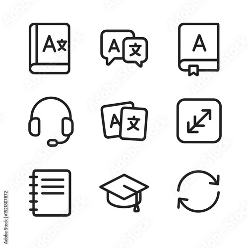 Language Learning Icons. Outline icon set of foreign language learning: textbook, speech bubble, dictionary, headset, flashcards,