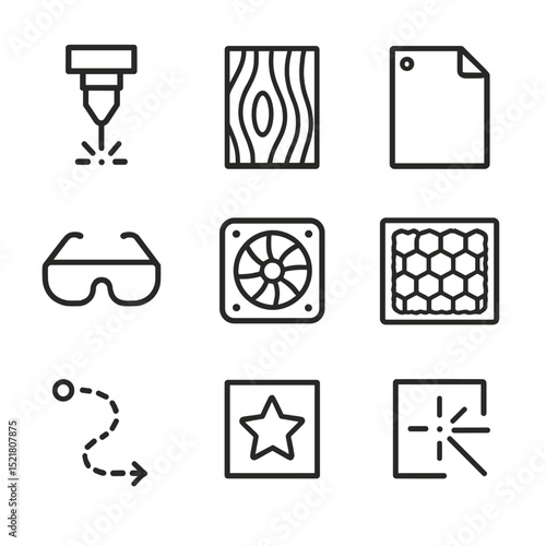 Laser Cutting Icons. Outline icon set of laser cutting activities: laser cutter head, wood sheet, acrylic panel, vector file,
