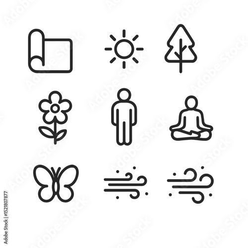 Outdoor Yoga Icons. Outline icon set of outdoor yoga in spring: yoga mat, sun, tree, flower, mountain pose, meditation, butterfly,