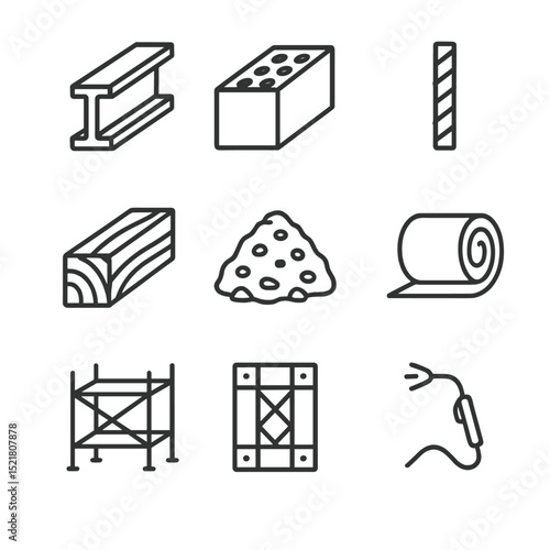 Construction Icon Set. Outline icon set of materials and resources: steel beam, concrete block, rebar, timber, gravel pile,