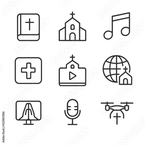 Contemporary Theology Icons. Outline icon set of Contemporary Global Theology: Bible app, megachurch silhouette, gospel music note
