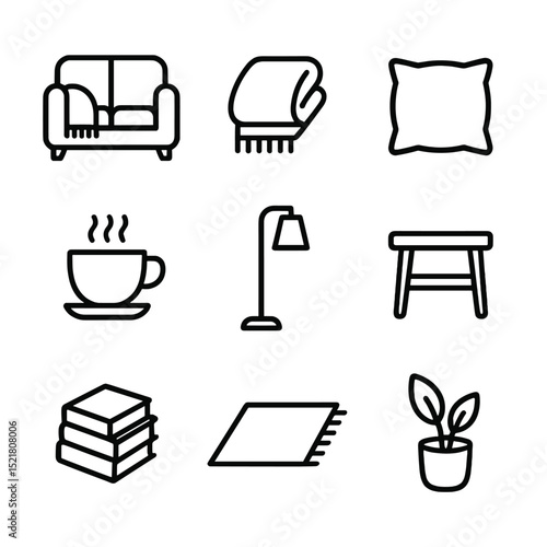 Cozy Living Room Icons. Outline icon set of cozy living room: plush couch, wool blanket, soft pillow, coffee cup, floor lamp, side