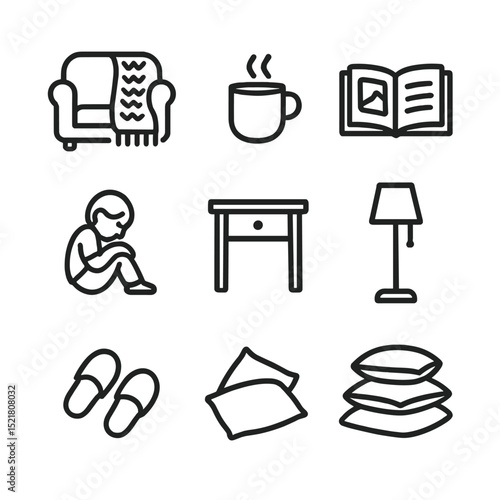 Cozy Reading Icon Set. Outline icon set of cozy couch reading: plush sofa, knitted blanket, steaming mug, open picture book, child