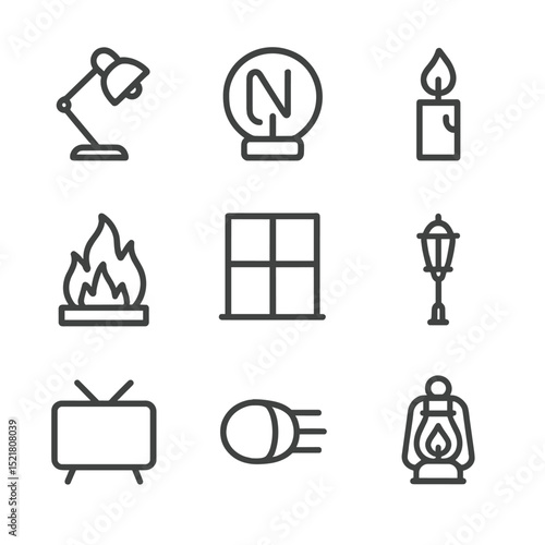 Light Source Icons. Outline icon set of practical on-set lights: desk lamp, neon sign, candle flame, fireplace glow, streetlamp