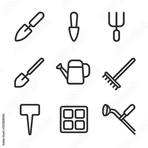Pea Planting Tool Icons. Outline icon set of pea planting tools: trowel, seed dibber, garden fork, hoe, watering can, soil rake,