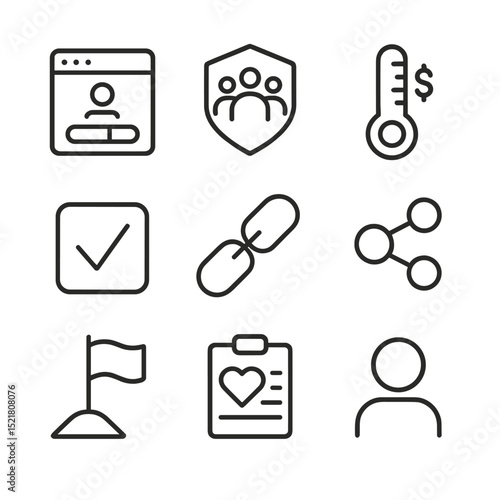 Peer Fundraising Icons. Outline icon set of peer-to-peer fundraising: personal fundraiser page, team badge, fundraising
