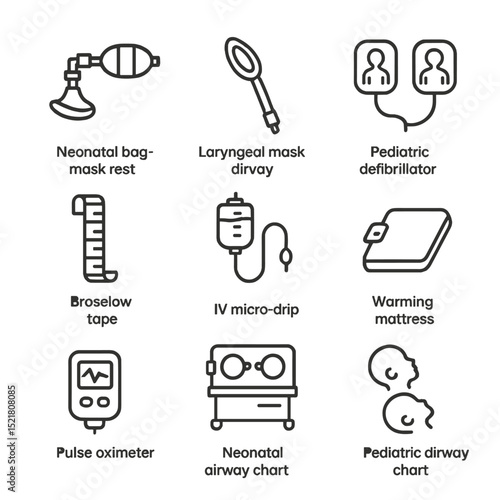 Pediatric Resuscitation Icons. Outline icon set of pediatric resuscitation: neonatal bag-mask, laryngeal mask airway, pediatric