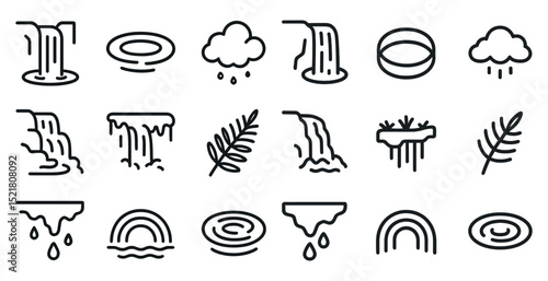 Minimalist nature icons collection featuring waterfalls, clouds, and rain elements