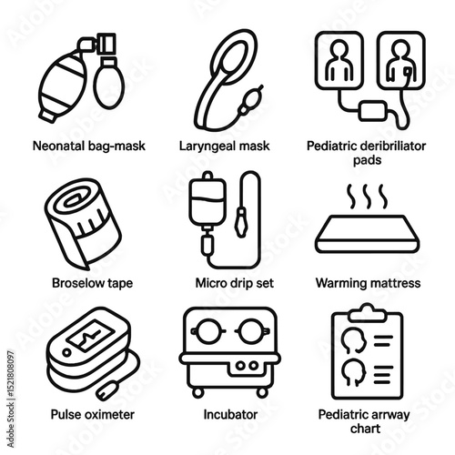 Pediatric Resuscitation Icons. Outline icon set of pediatric resuscitation: neonatal bag-mask, laryngeal mask airway, pediatric