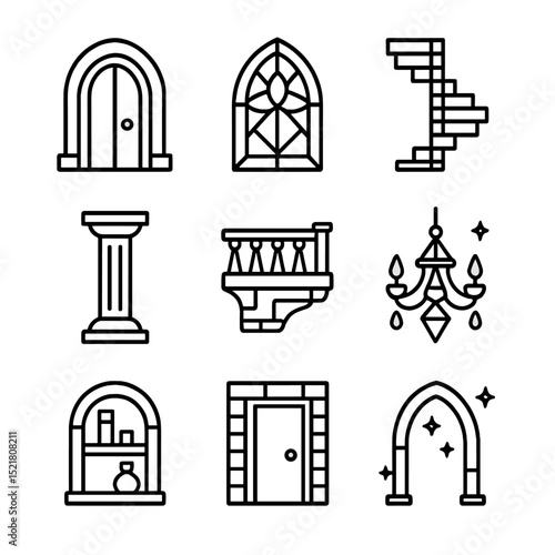 Magical Library Icons. Outline icon set of magical library architecture: arched doorway, stained-glass window, spiral staircase,
