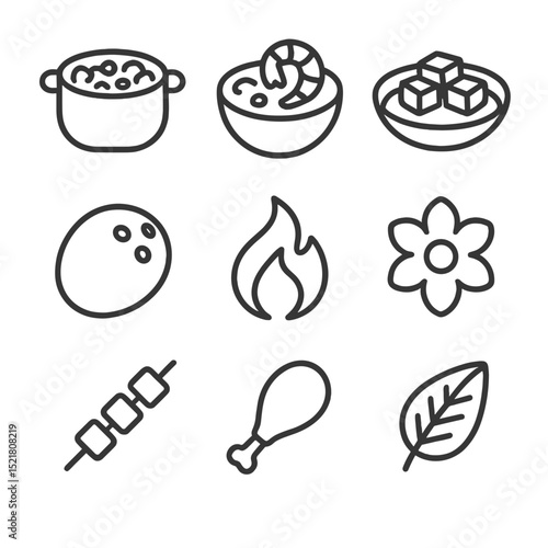 Curry Icons Collection. Outline icon set of recipe variations: vegetable curry pot, shrimp curry bowl, tofu curry plate, coconut