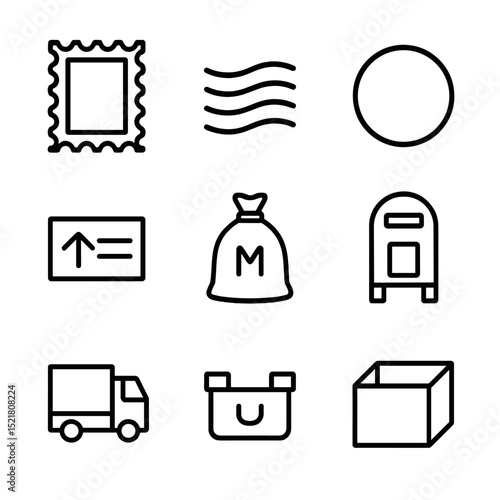 Mail Icon Set. Outline icon set of postage and mailing: postage stamp, cancellation mark, postmark circle, franking meter, airmail