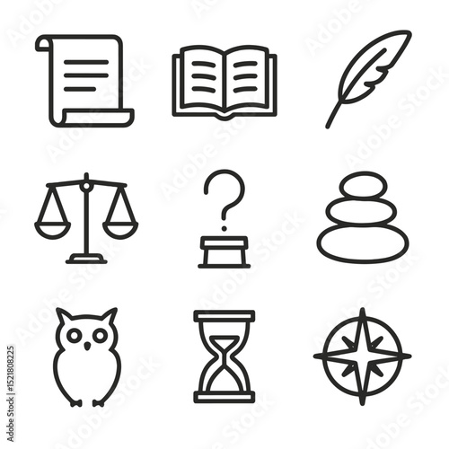 Philosophical Icon Set. Outline icon set of philosophical revelation: ancient scroll, open book, quill pen, scale of justice,