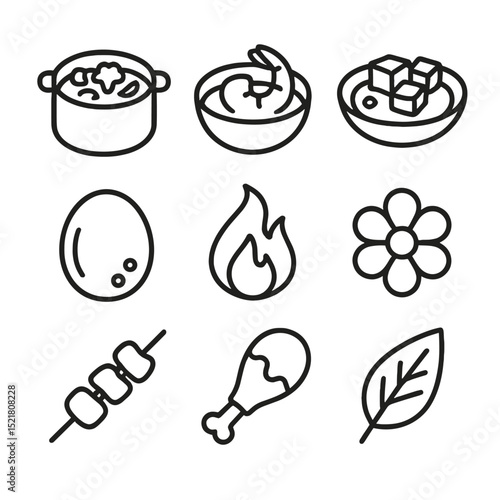 Curry Icons Collection. Outline icon set of recipe variations: vegetable curry pot, shrimp curry bowl, tofu curry plate, coconut