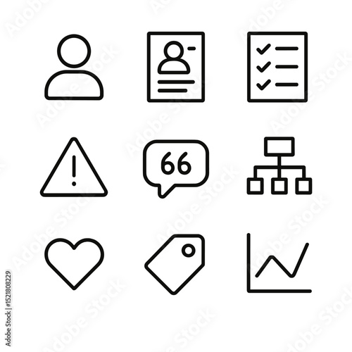 Persona Development Icons. Outline icon set of persona development toolkit: avatar bust, profile sheet, goals list, pain point