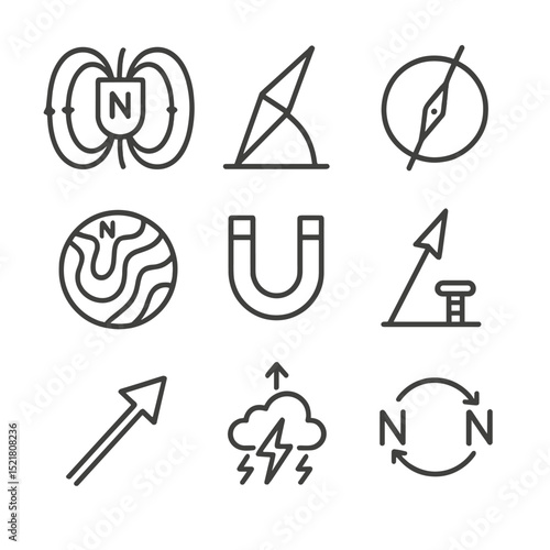 Magnetic Icon Set. Outline icon set of magnetic north concepts: magnetic field lines, declination angle, dip needle, isogonic map,