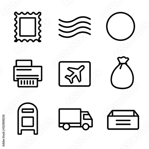 Mail Icon Set. Outline icon set of postage and mailing: postage stamp, cancellation mark, postmark circle, franking meter, airmail