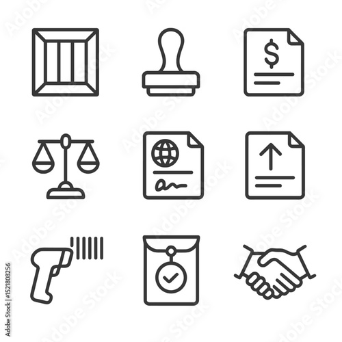 Customs Trade Icons. Outline icon set of customs and trade agreements: cargo crate, customs stamp, duty invoice, balance scale,