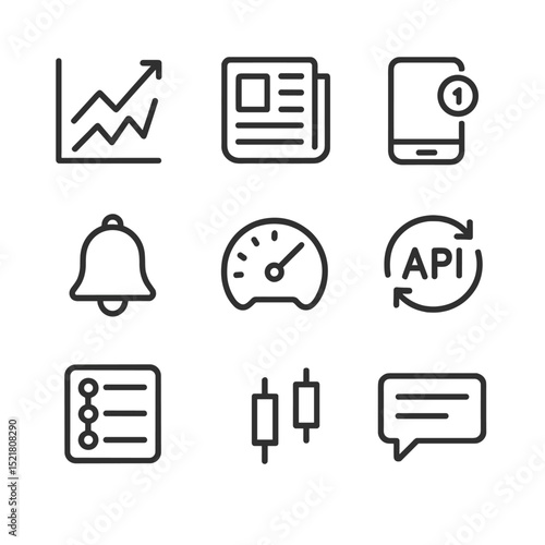 Market Data Icon Set. Outline icon set of market data feeds and alerts: live price tick, news feed icon, push notification, alert