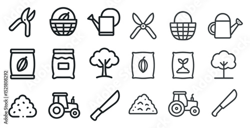 Gardening tools and equipment icons for planting and farming projects