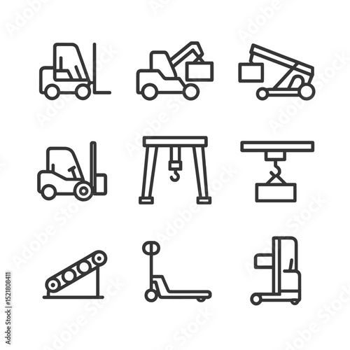 Material Handling Icons. Outline icon set of material handling equipment: forklift, telehandler, reach stacker, container handler,