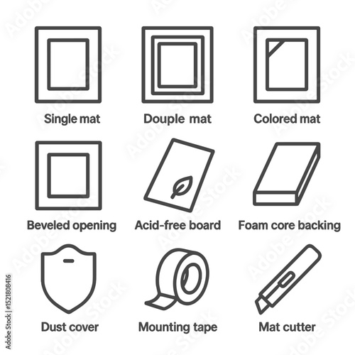 Matting Options Icons. Outline icon set of matting and backing options: single mat, double mat, colored mat, beveled opening, acid