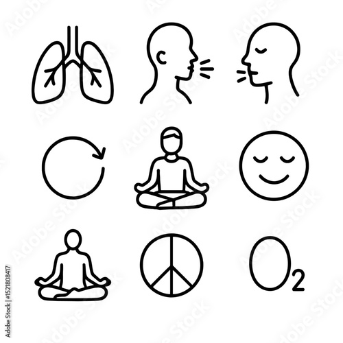 Deep Breathing Icons. Outline icon set of practicing deep breathing: lungs, inhale, exhale, meditating person, breathing cycle,