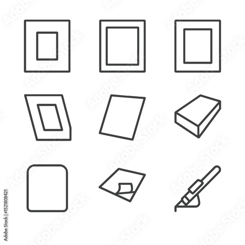 Matting Options Icons. Outline icon set of matting and backing options: single mat, double mat, colored mat, beveled opening, acid