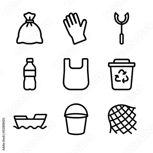 Plastic Cleanup Icons. Outline icon set of plastic pollution cleanup: trash bag, rubber glove, litter picker, recycling bin,