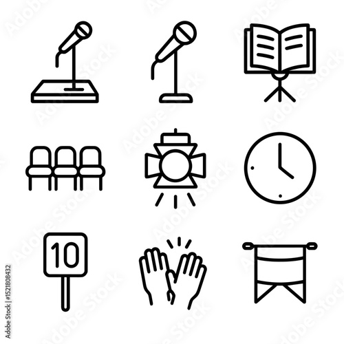 Poetry Event Icons. Outline icon set of poetry reading events: open mic stage, poetry slam mic, book on stand, audience seats,