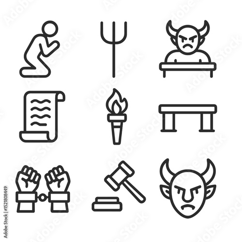 Demonic Tribunal Icons. Outline icon set of demonic tribunal: sinner kneeling, pitchfork, demon judge, scroll of sins, torch,